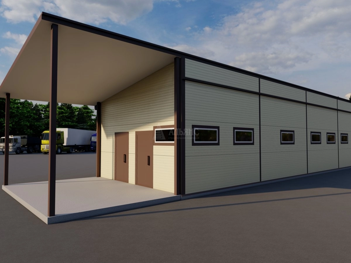 3D визуализация Здание с боксом под гараж из сэндвич-панелей - фото 1